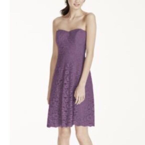 David's Bridal Dark Purple Strapless Lace Dress - Picture 2 of 14
